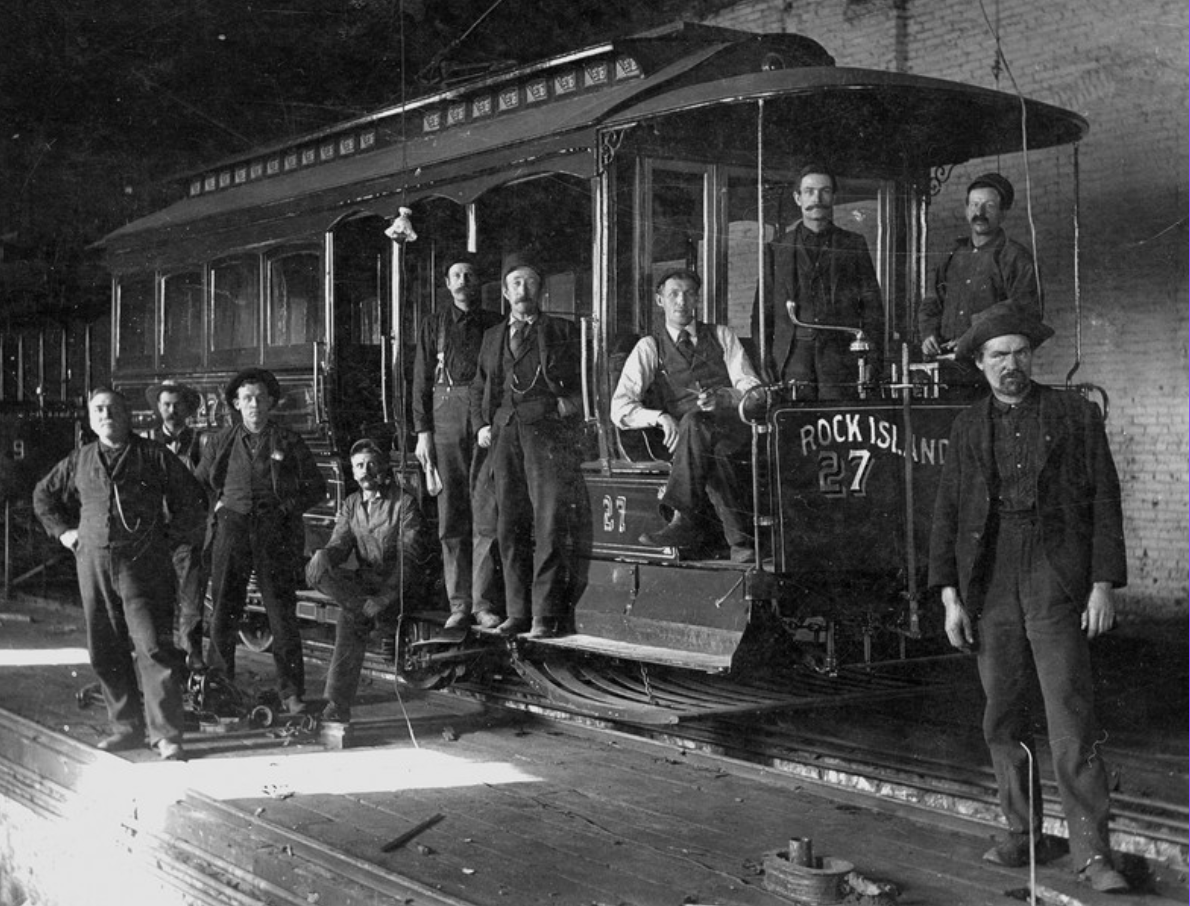 Colorado Springs Rapid Transit Railway Company shop crew with car #27. ca. 1898